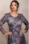 Rochie Andrada din jerse gri cu flori roz, maneca lunga si catarama in talie